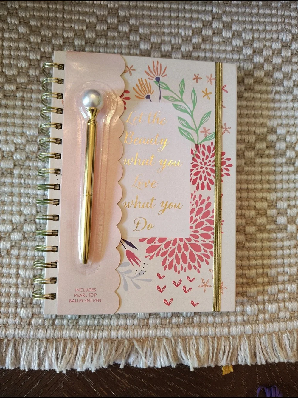 Gold Pearl Top Ballpoint Pen & Floral Pink Notebook journal
